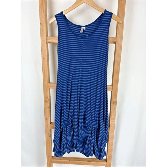NWT Kleen Blue Striped Round Neck Draped Hem Midi Tank Dress #0857 Size 1X - Picture 1 of 5